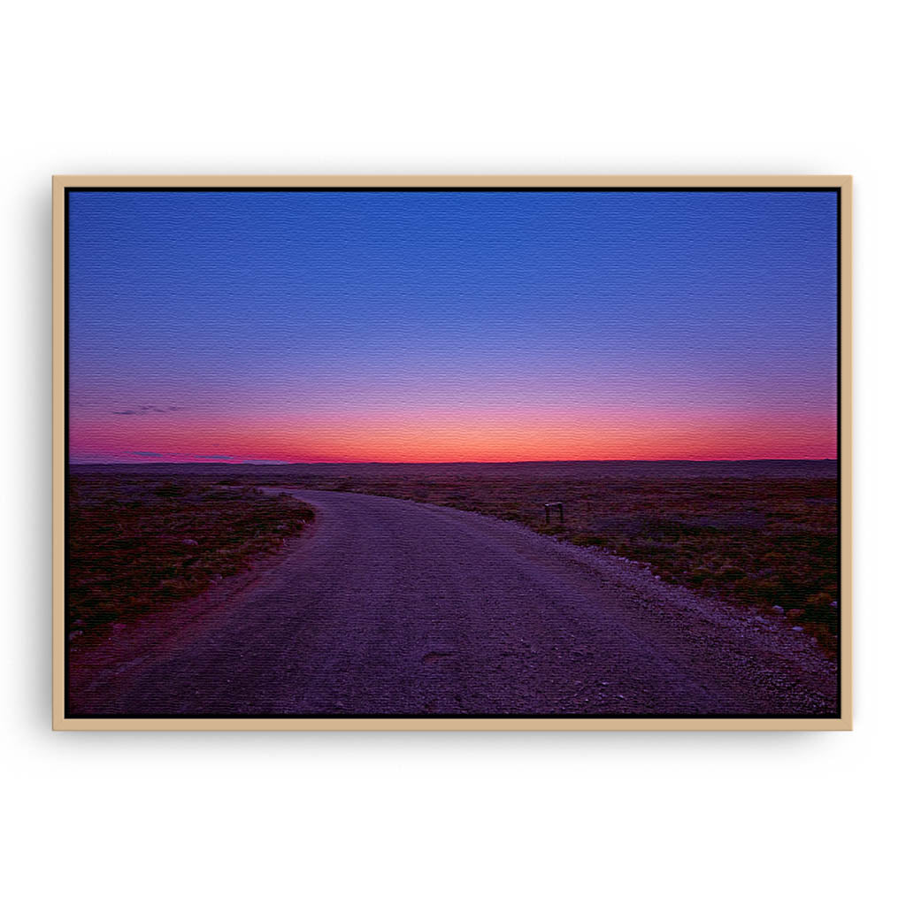 Sunrise over the Cape Range in Western Australia framed canvas in raw oak