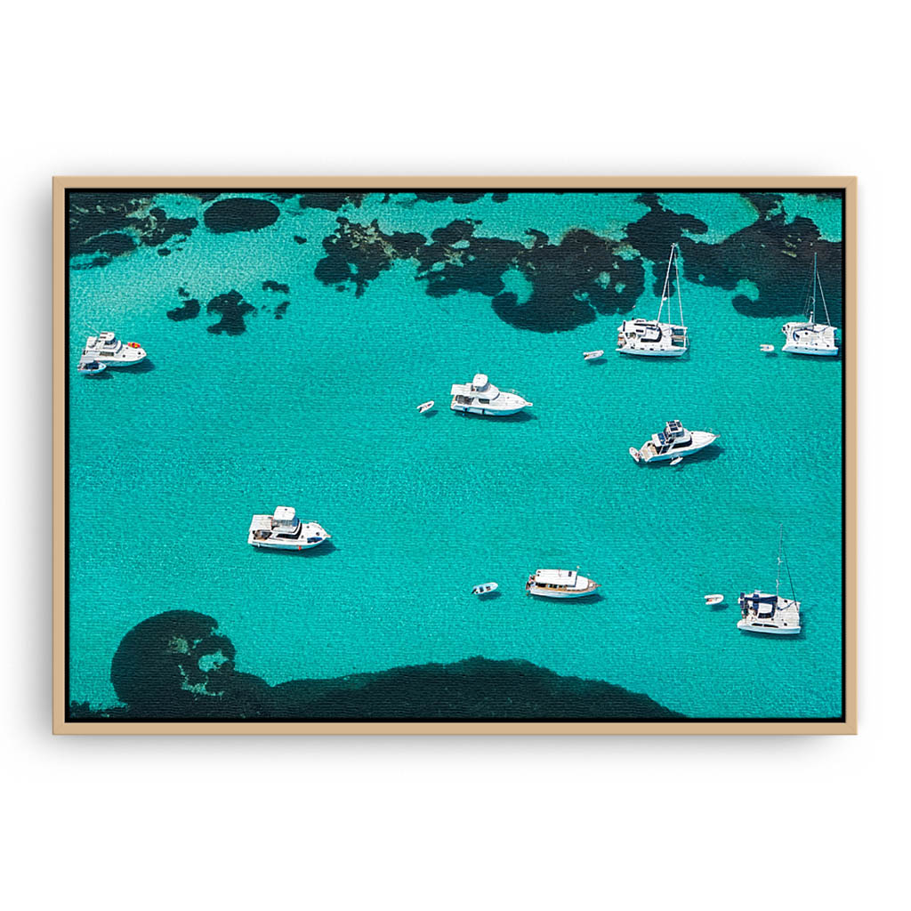 Aerial view of boats at Rottnest Island in Western Australia framed canvas in raw oak