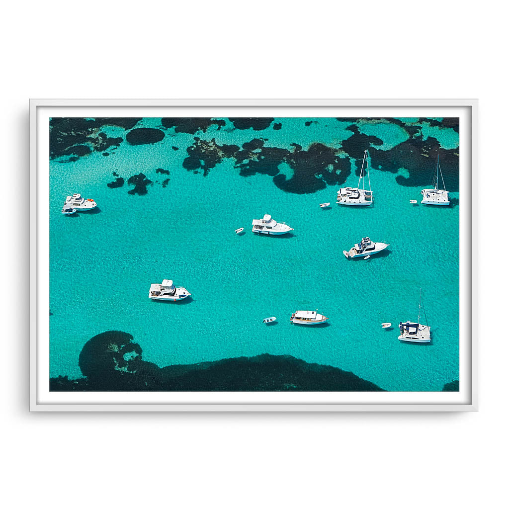 Aerial view of boats at Rottnest Island in Western Australia framed in white
