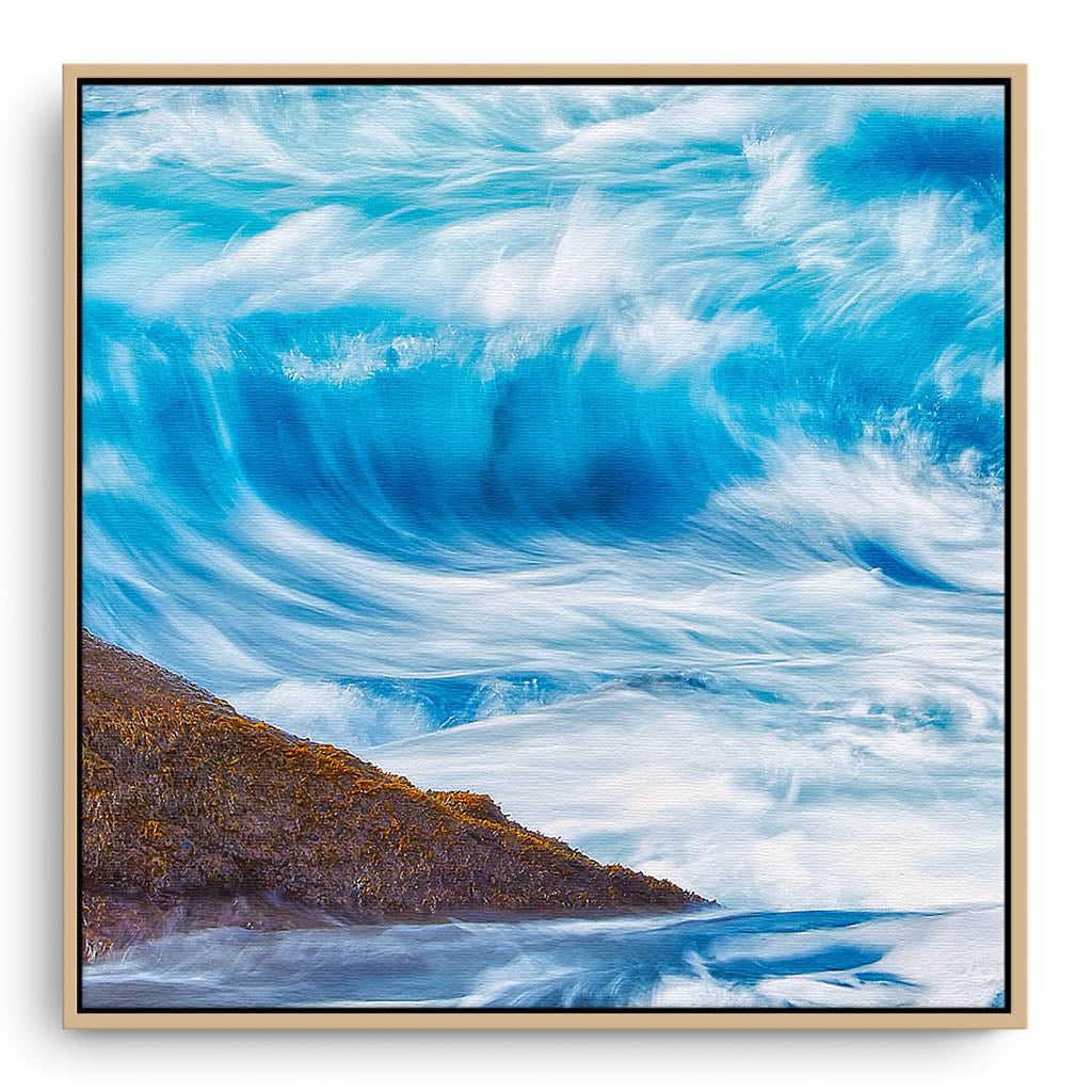 Long exposure of blue wave framed canvas in raw oak