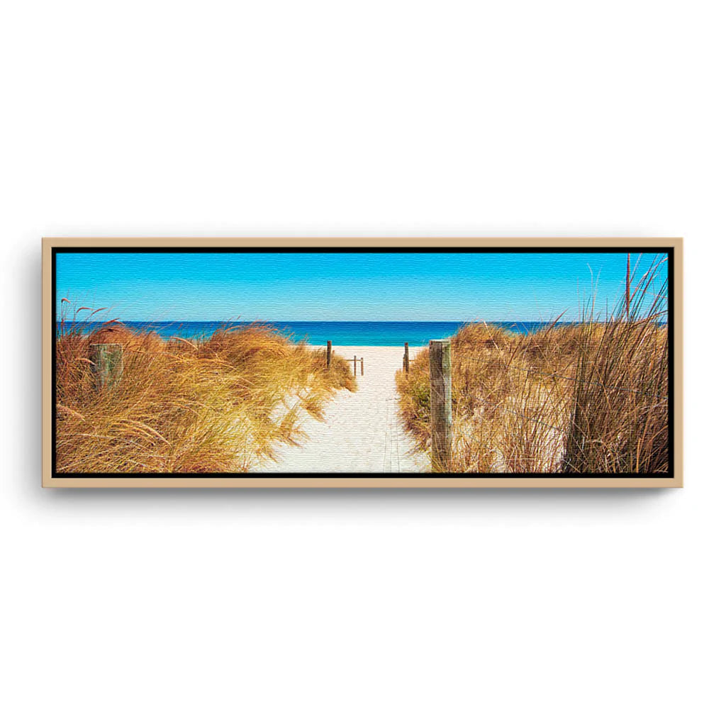 Beautiful natural Beach Path in Perth, Western Australia framed canvas in raw oak