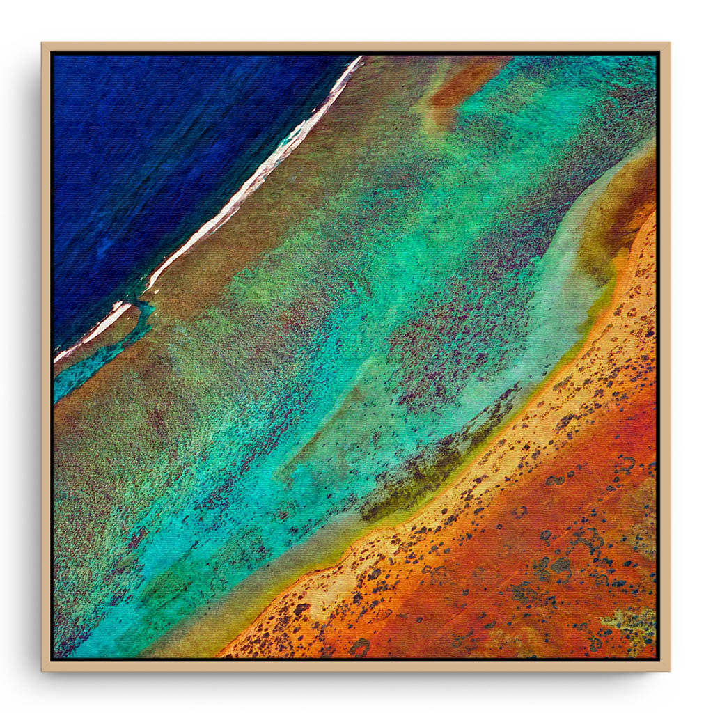 Aerial view of the Ningaloo Reef in Western Australia framed canvas in raw oak