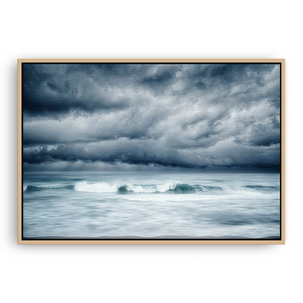 Winter storm approaching North Beach in Perth, Western Australia framed canvas in raw oak