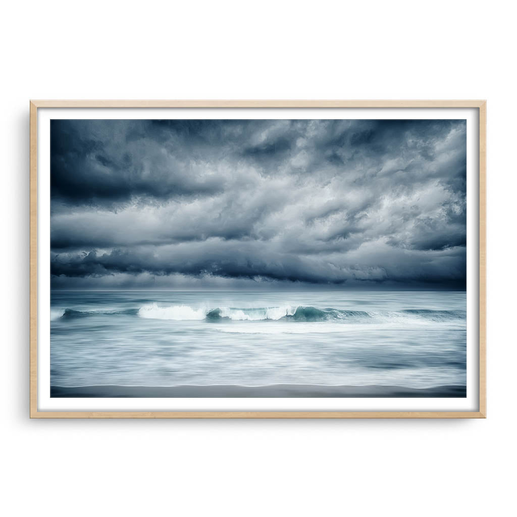 Winter storm approaching North Beach in Perth, Western Australia framed in raw oak