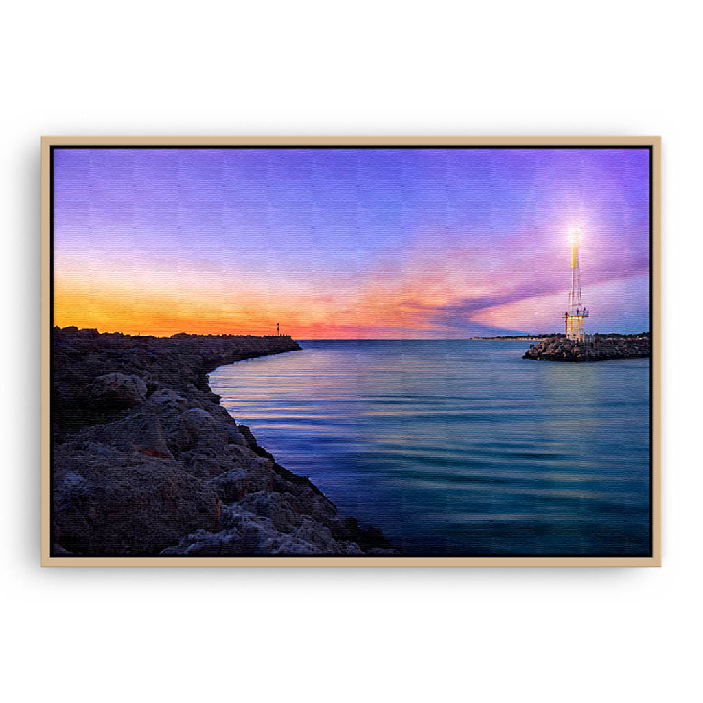 Soft sunset at Hillarys Marina in Western Australia framed canvas in raw oak