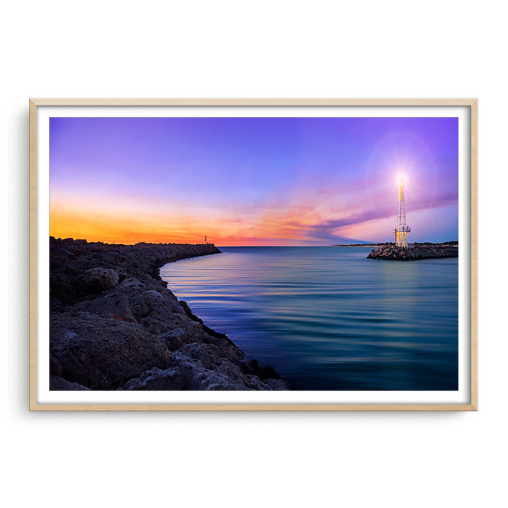 Soft sunset at Hillarys Marina in Western Australia framed in raw oak