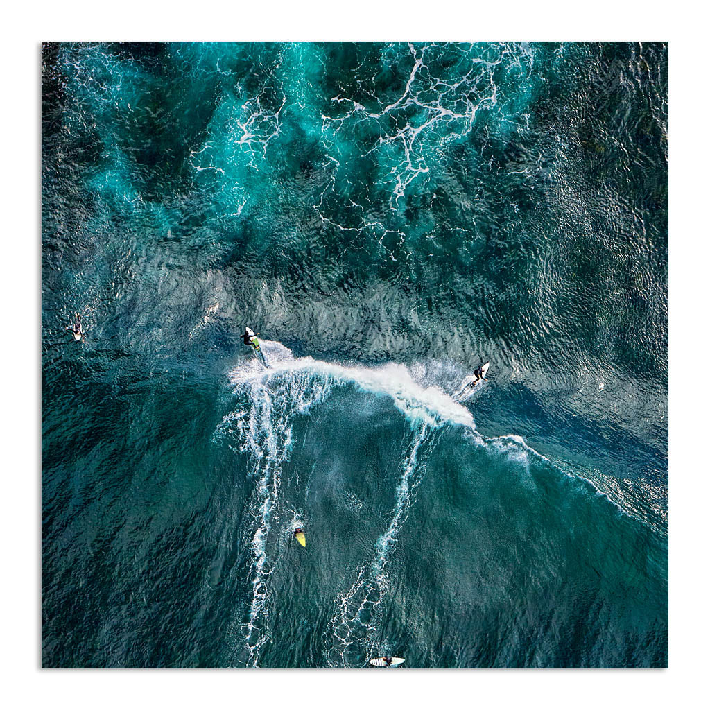 Aerial view of two surfers at Margaret River Main Break in Western Australia
