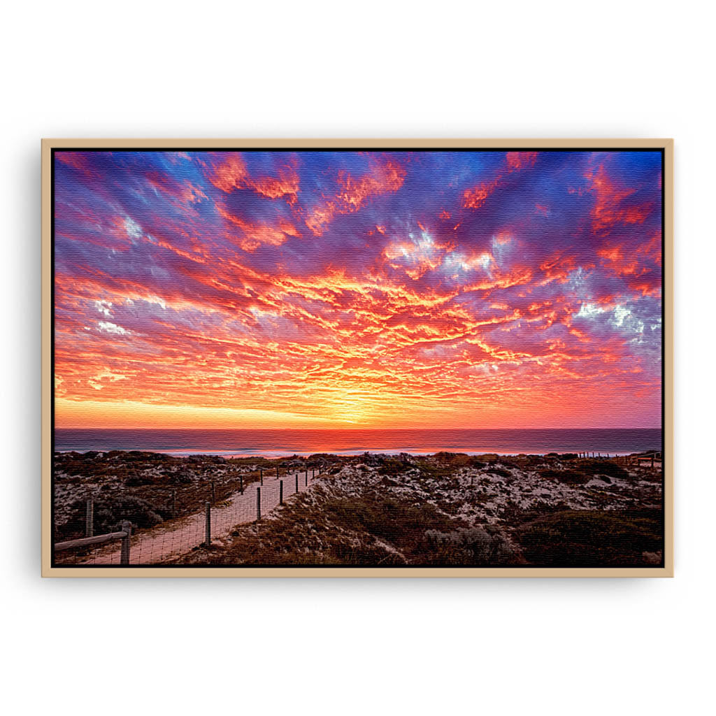 Sunset at Brighton Beach in Perth, Western Australia framed canvas in raw oak