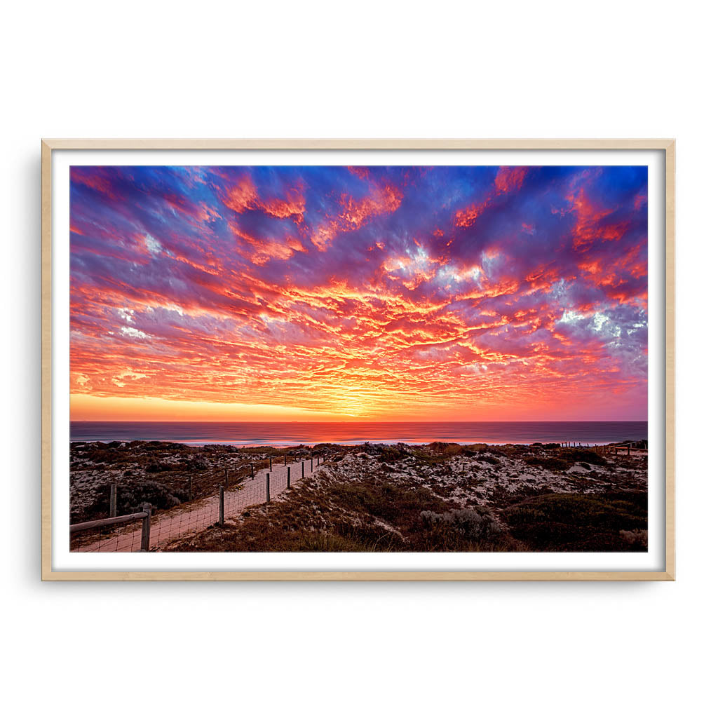 Sunset at Brighton Beach in Perth, Western Australia framed in raw oak