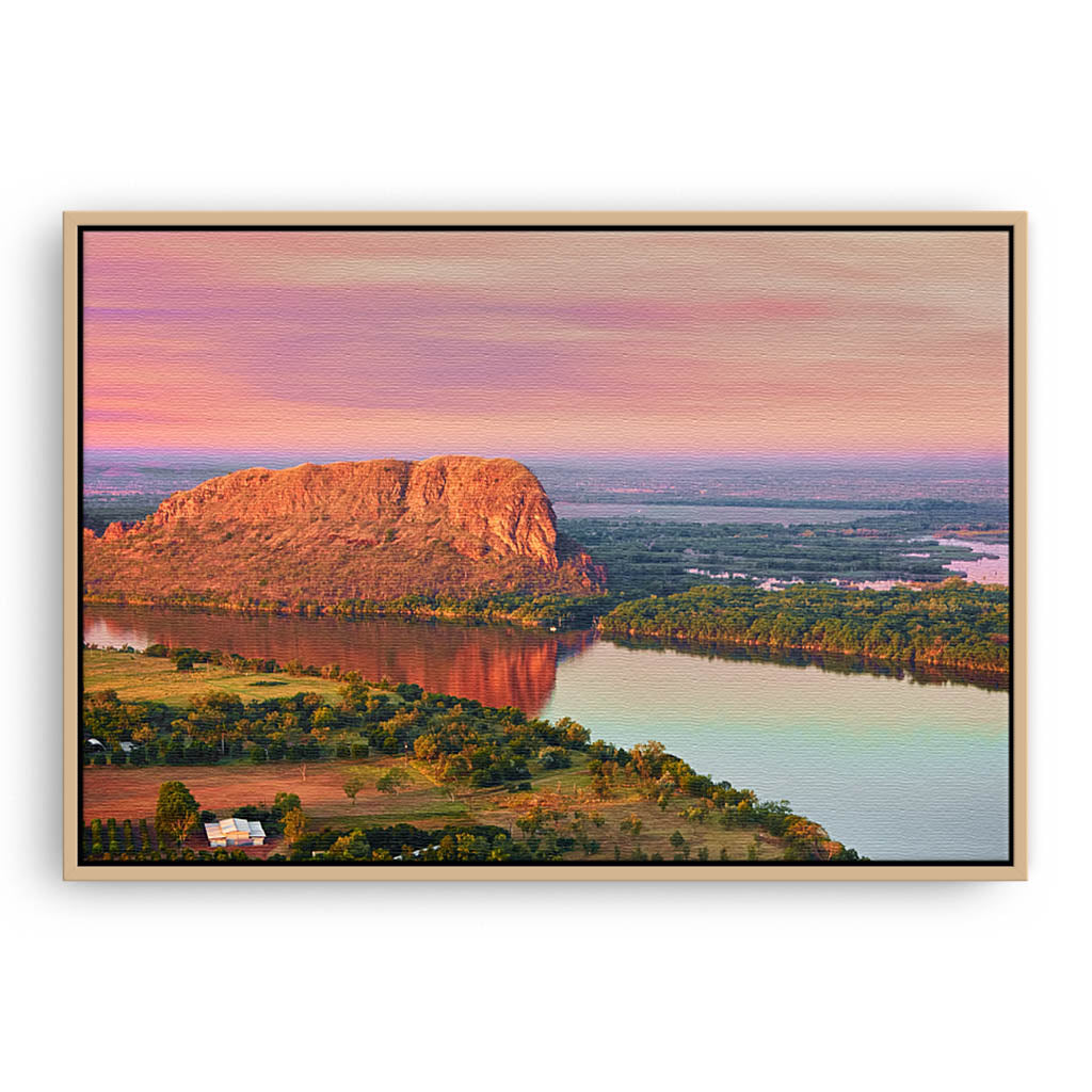 Elephant rock at sunset on Lake Kununurra in Western Australia framed canvas in raw oak