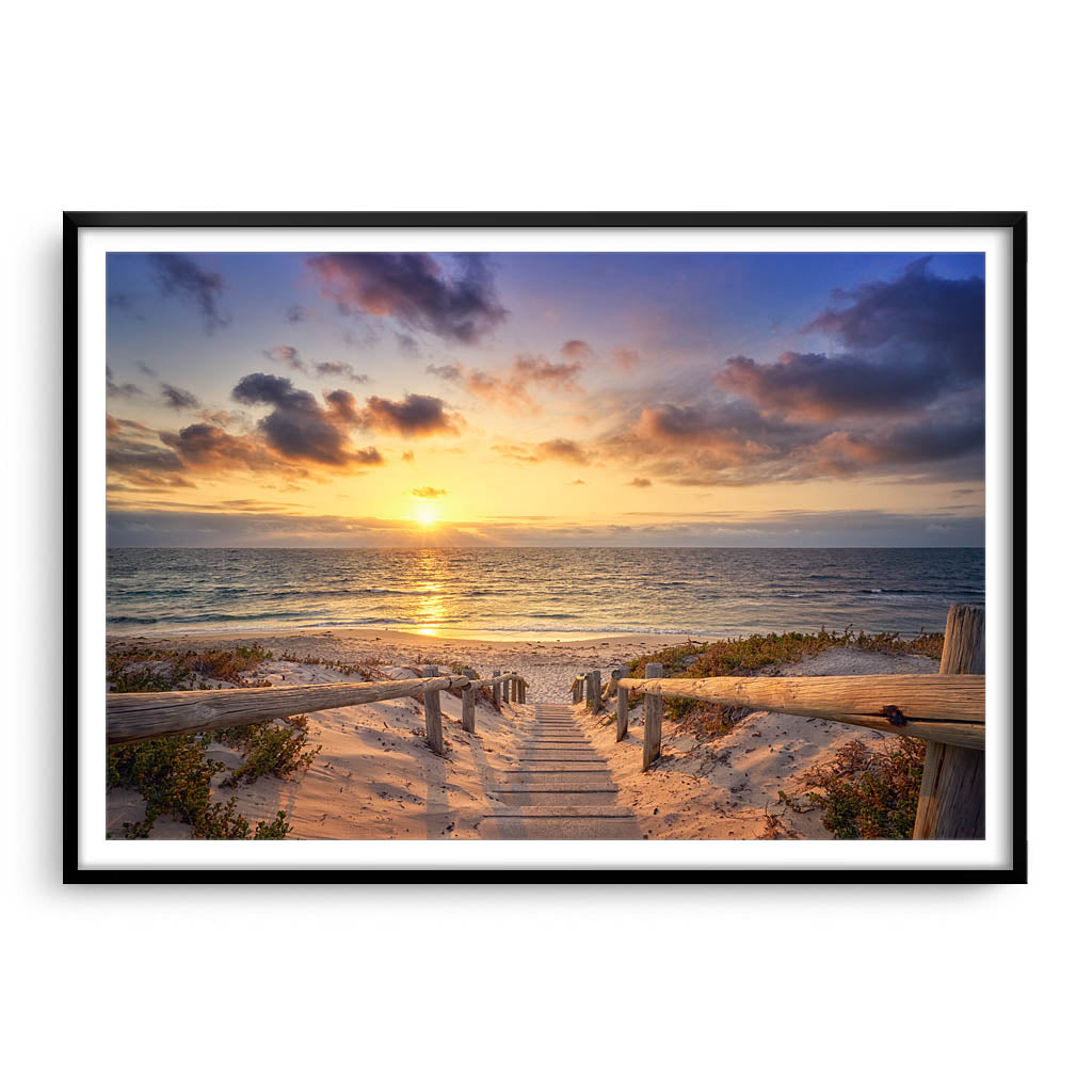 Beautiful golden sunset at North Beach in Perth, Western Australia framed in black