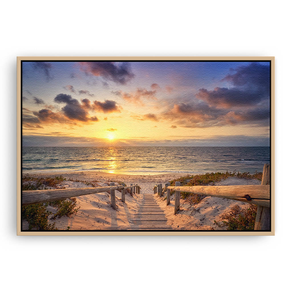 Beautiful golden sunset at North Beach in Perth, Western Australia framed canvas in raw oak