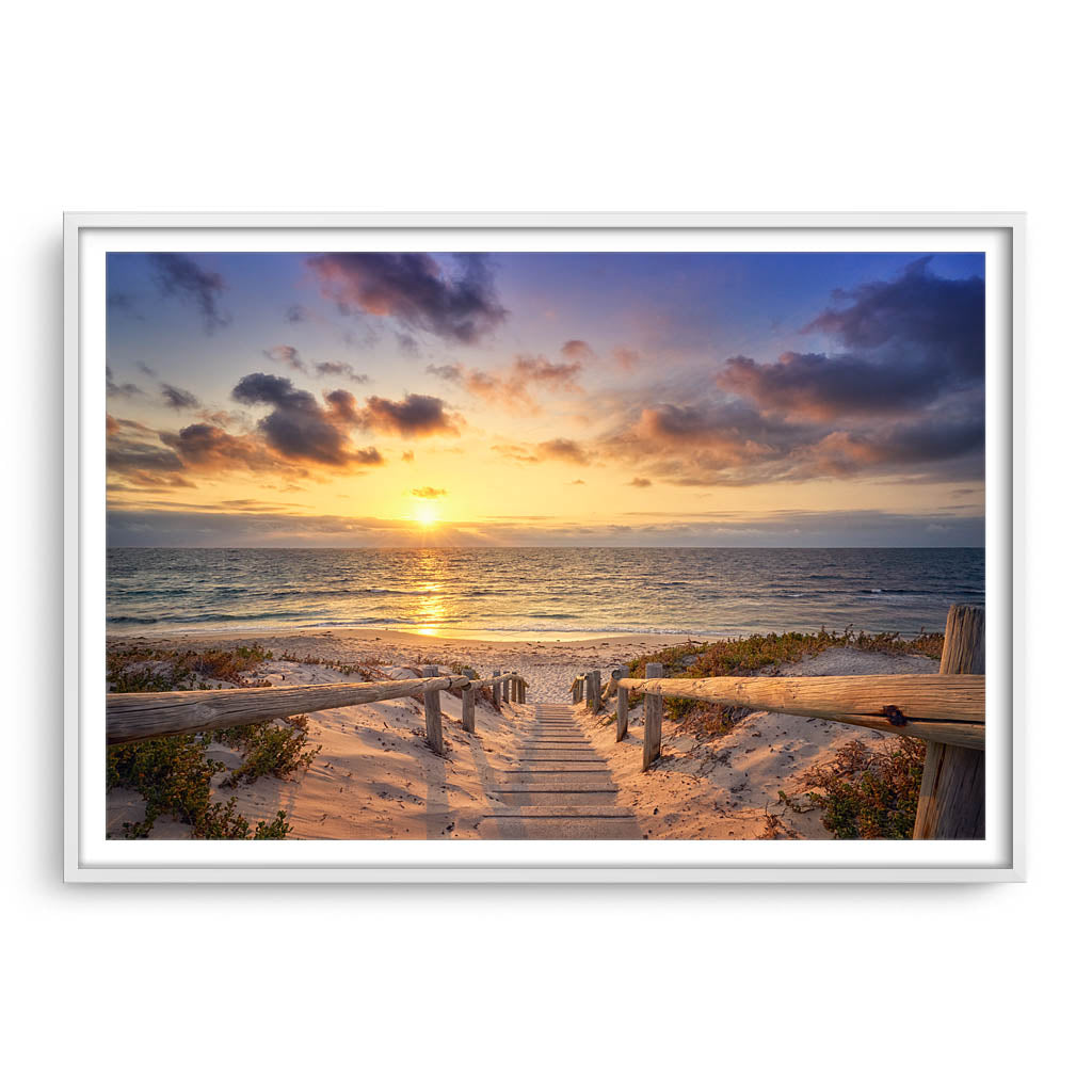 Beautiful golden sunset at North Beach in Perth, Western Australia framed in white