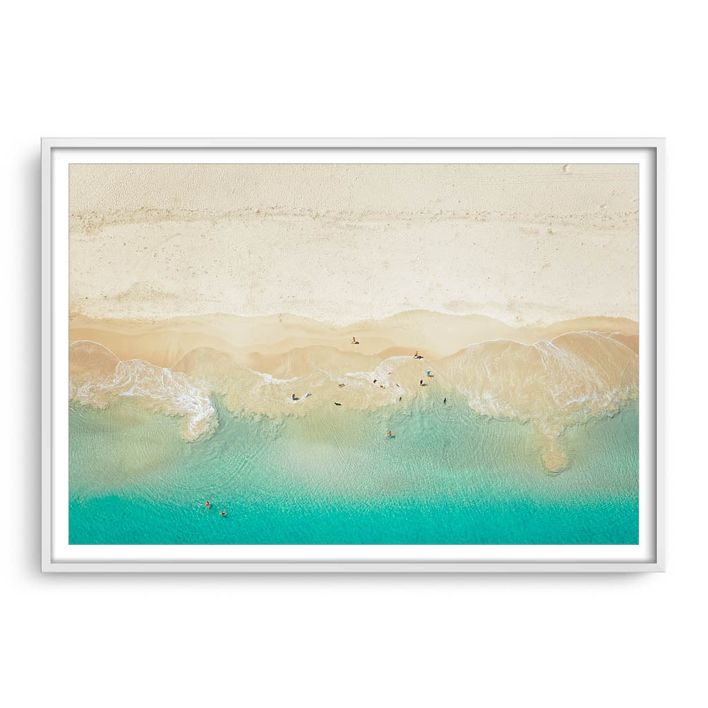 Aerial view of dogs playing in the ocean, Perth, Western Australia framed in white