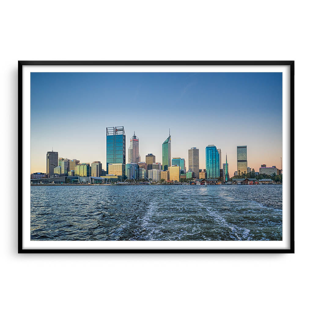 Perth City from a boat leaving Elizabeth Quay in Western Australia framed in black