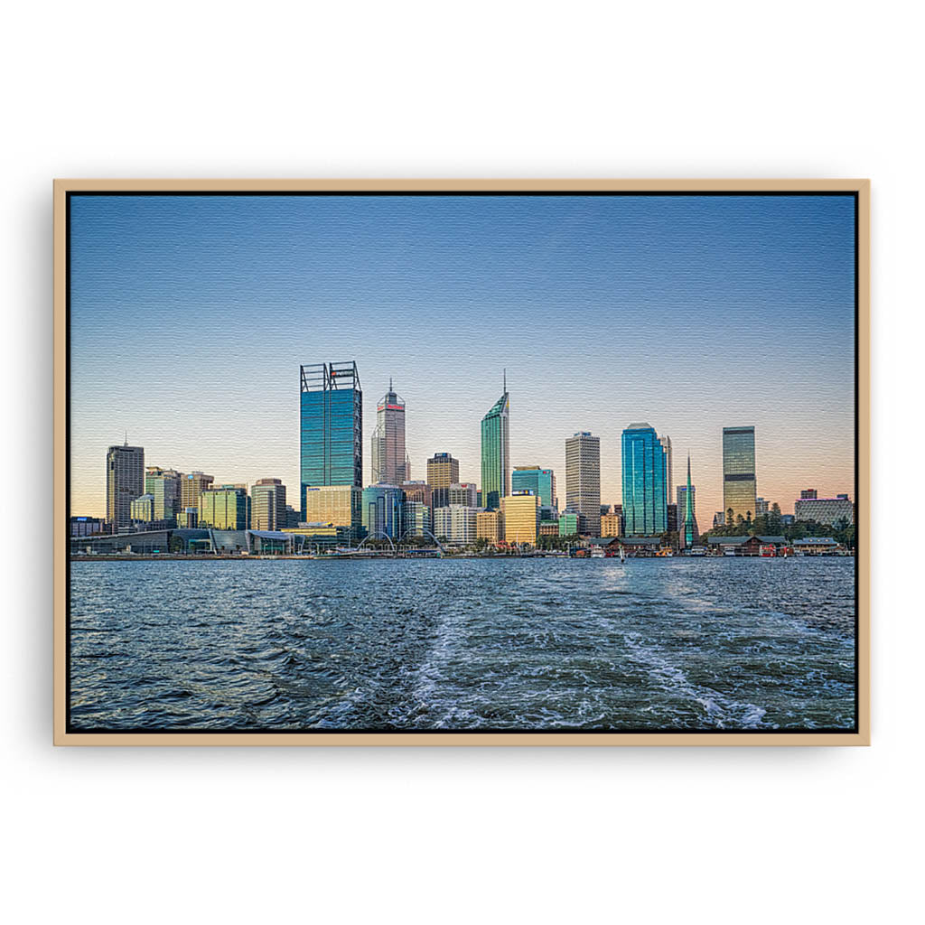 Perth City from a boat leaving Elizabeth Quay in Western Australia framed canvas in raw oak