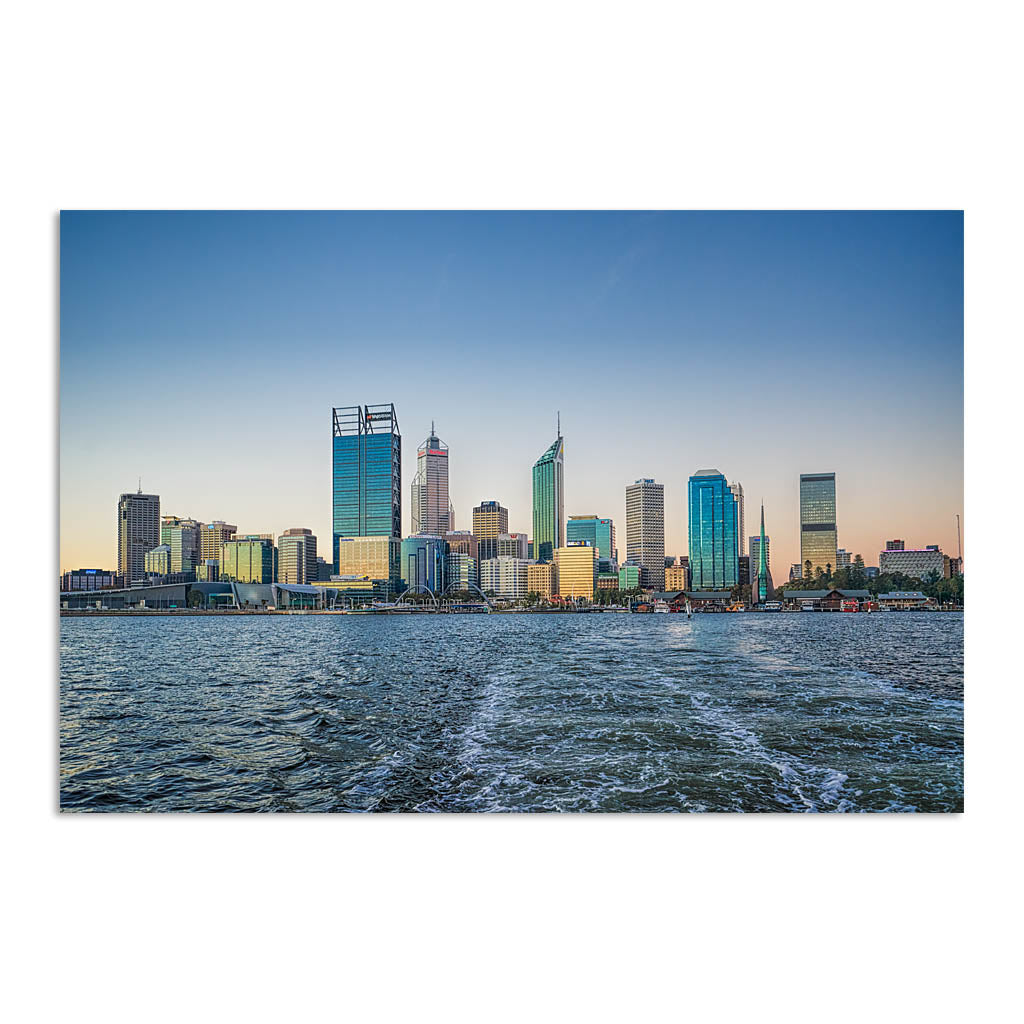 Perth City from a boat leaving Elizabeth Quay in Western Australia