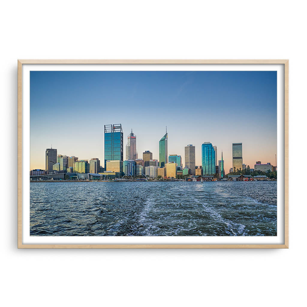 Perth City from a boat leaving Elizabeth Quay in Western Australia framed in raw oak