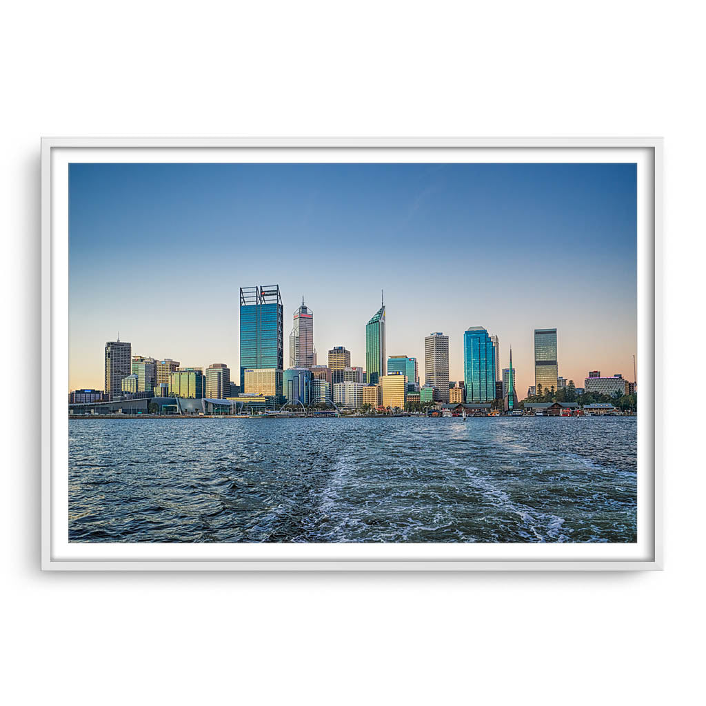 Perth City from a boat leaving Elizabeth Quay in Western Australia framed in white