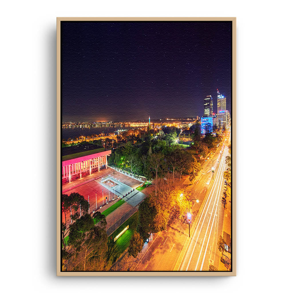 Nighttime down St Georges Terrace in Perth, Western Australia framed canvas in raw oak