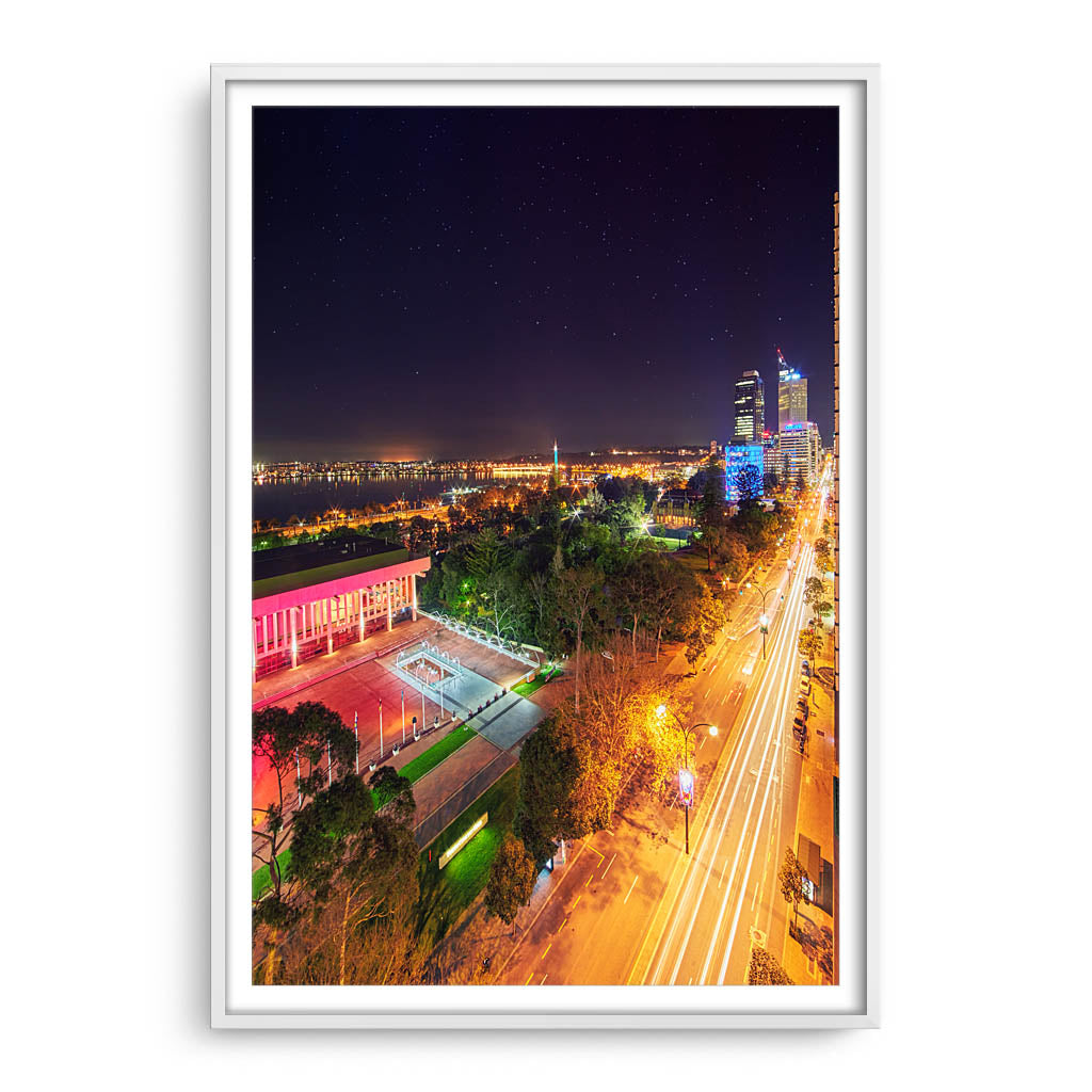 Nighttime down St Georges Terrace in Perth, Western Australia framed in white