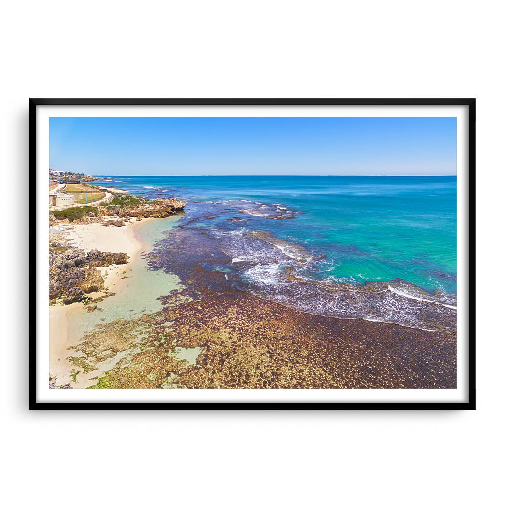 Aerial view of Hamersley Pool in North Beach, Western Australia framed in black