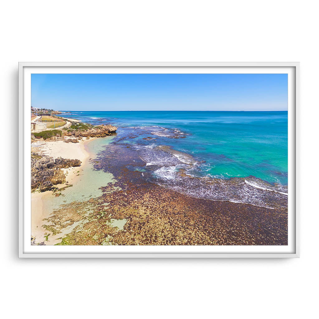 Aerial view of Hamersley Pool in North Beach, Western Australia framed in white