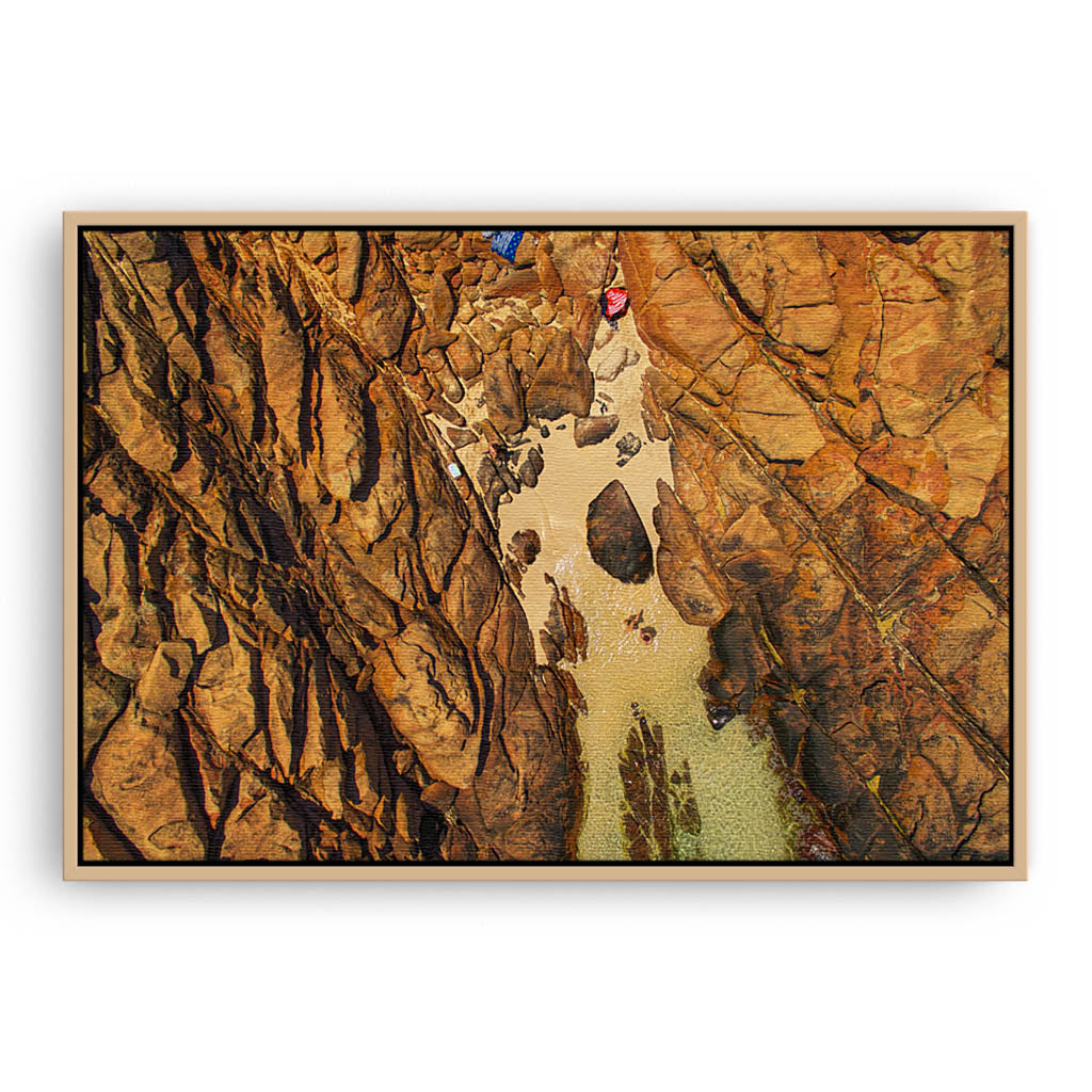 aerial view by drone of wyadup rock pools in western australia framed canvas in raw oak