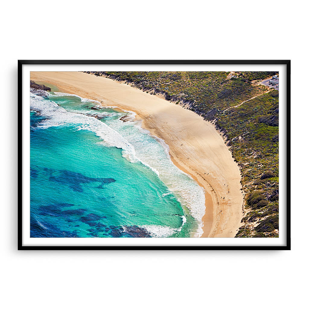 Aerial view of Yallingup Beach in Western Australia framed in black