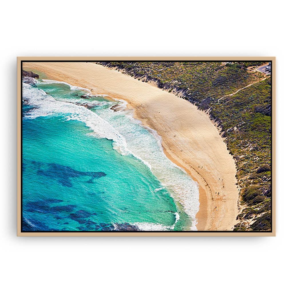 Aerial view of Yallingup Beach in Western Australia framed canvas in raw oak
