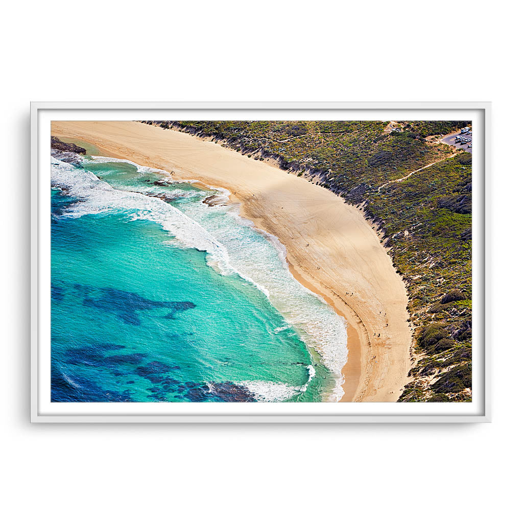 Aerial view of Yallingup Beach in Western Australia framed in white