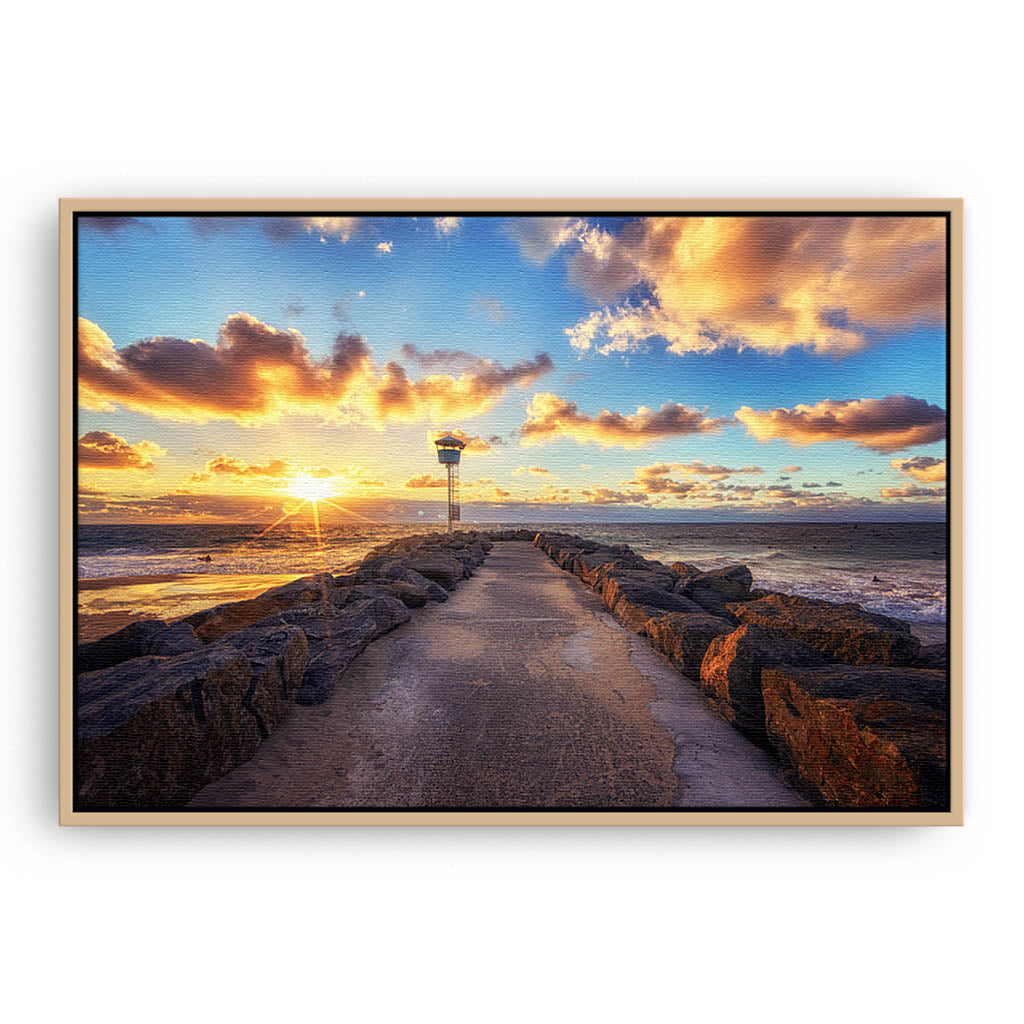 Sunset at City Beach in Western Australia framed canvas in raw oak