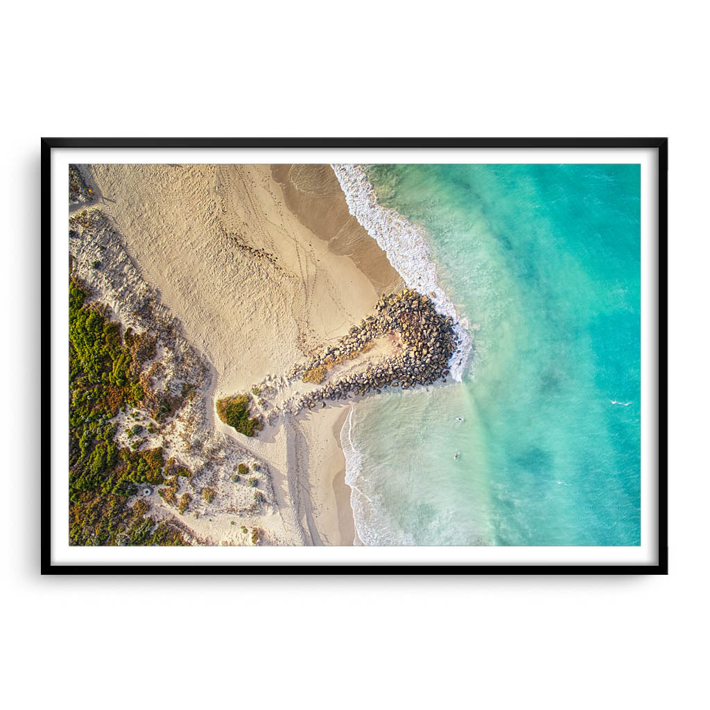 Aerial view of surfers at Sorrento Beach in Western Australia framed in black