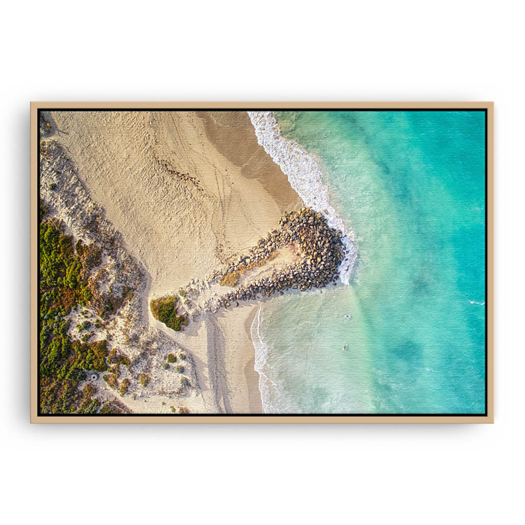 Aerial view of surfers at Sorrento Beach in Western Australia framed canvas in raw oak
