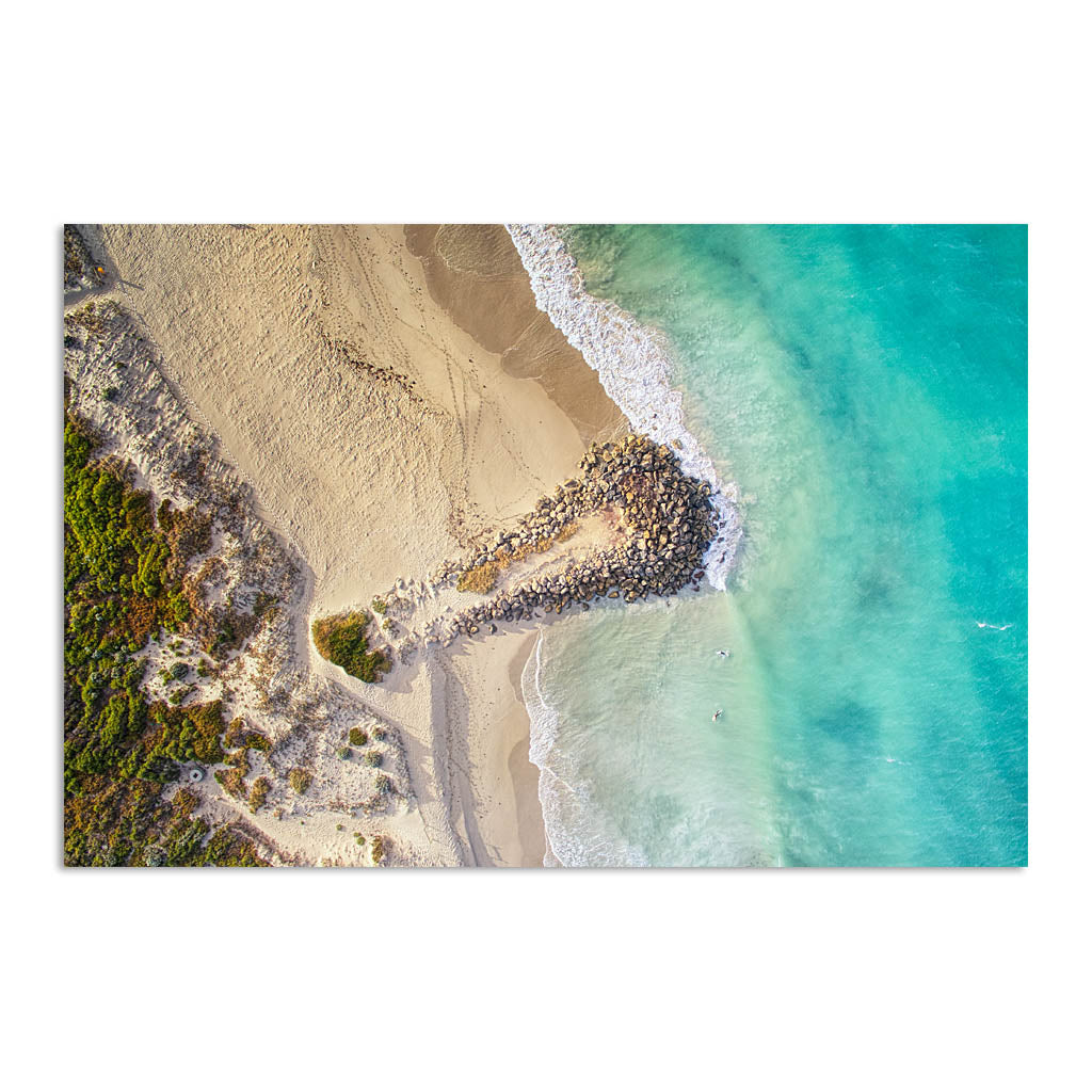 Aerial view of surfers at Sorrento Beach in Western Australia