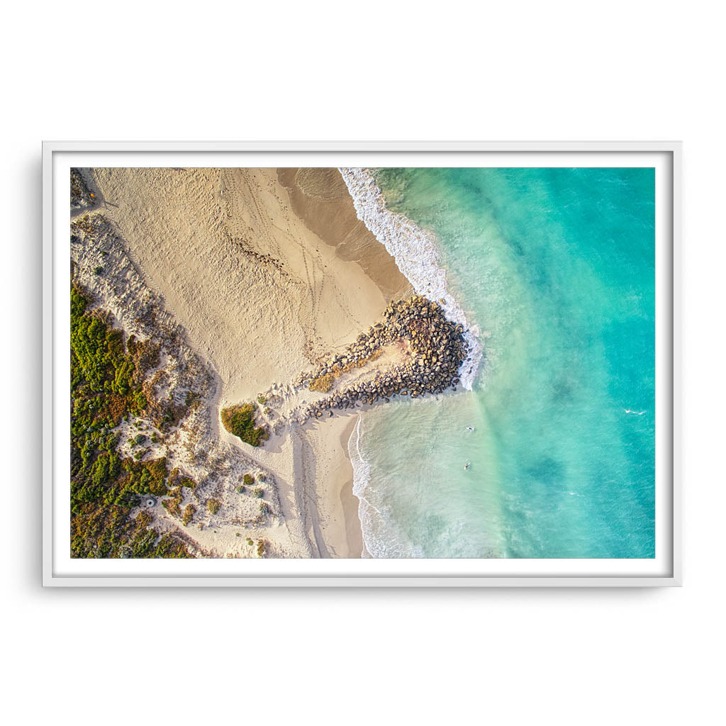 Aerial view of surfers at Sorrento Beach in Western Australia framed in white