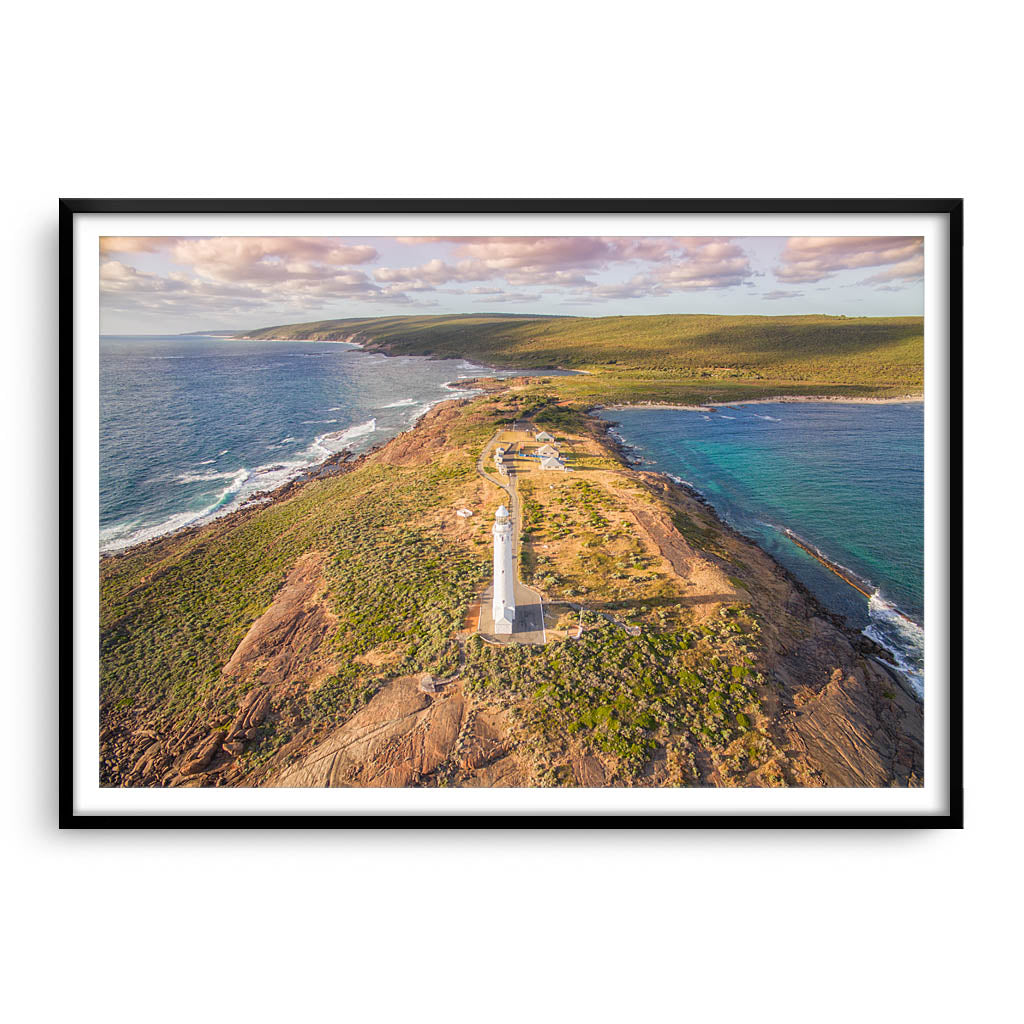 Aerial view of Cape Leeuwin Lighthouse at sunset framed in black