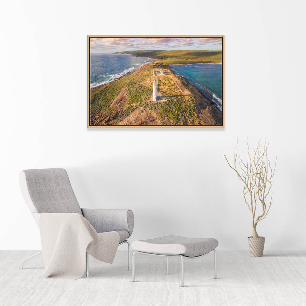 Aerial view of Cape Leeuwin Lighthouse at sunset