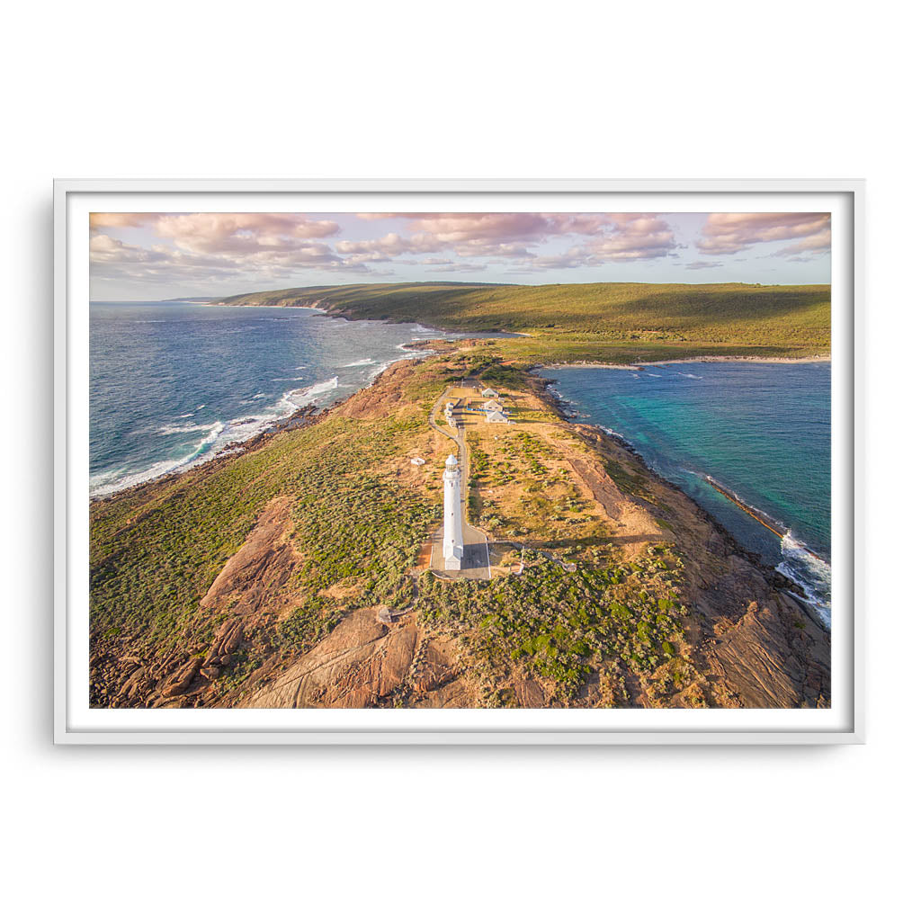 Aerial view of Cape Leeuwin Lighthouse at sunset framed in white