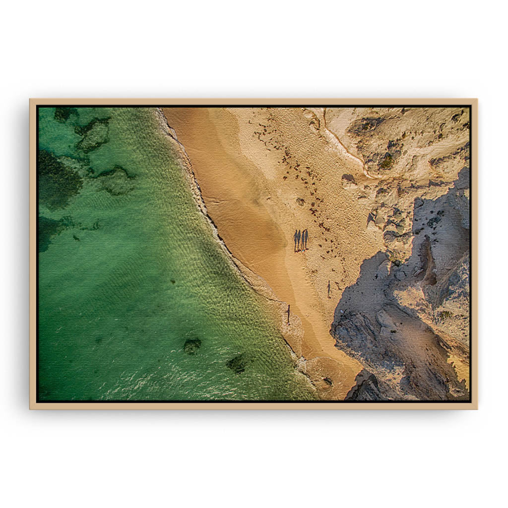 Aerial view of Hamelin Bay in Western Australia at sunset framed canvas in raw oak