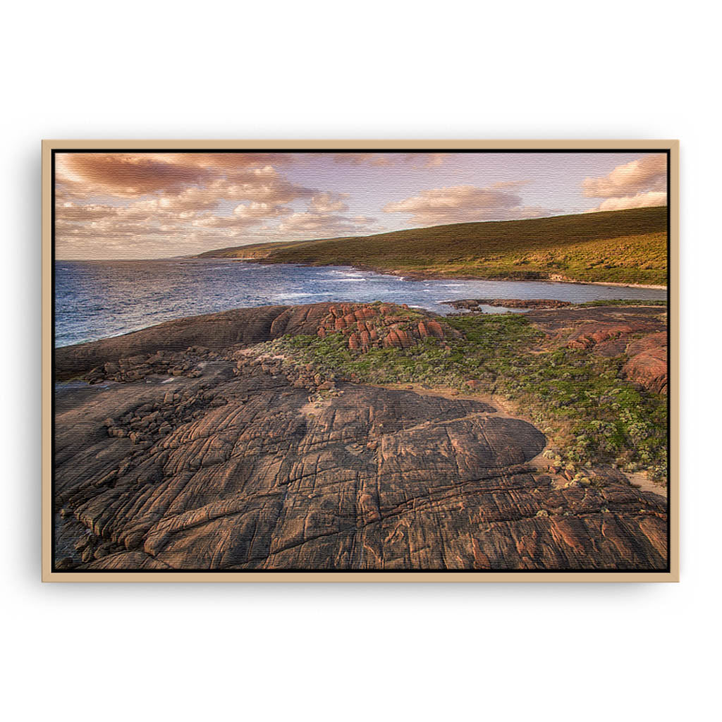 Sunset at Cape Leeuwin in Western Australia framed canvas in raw oak