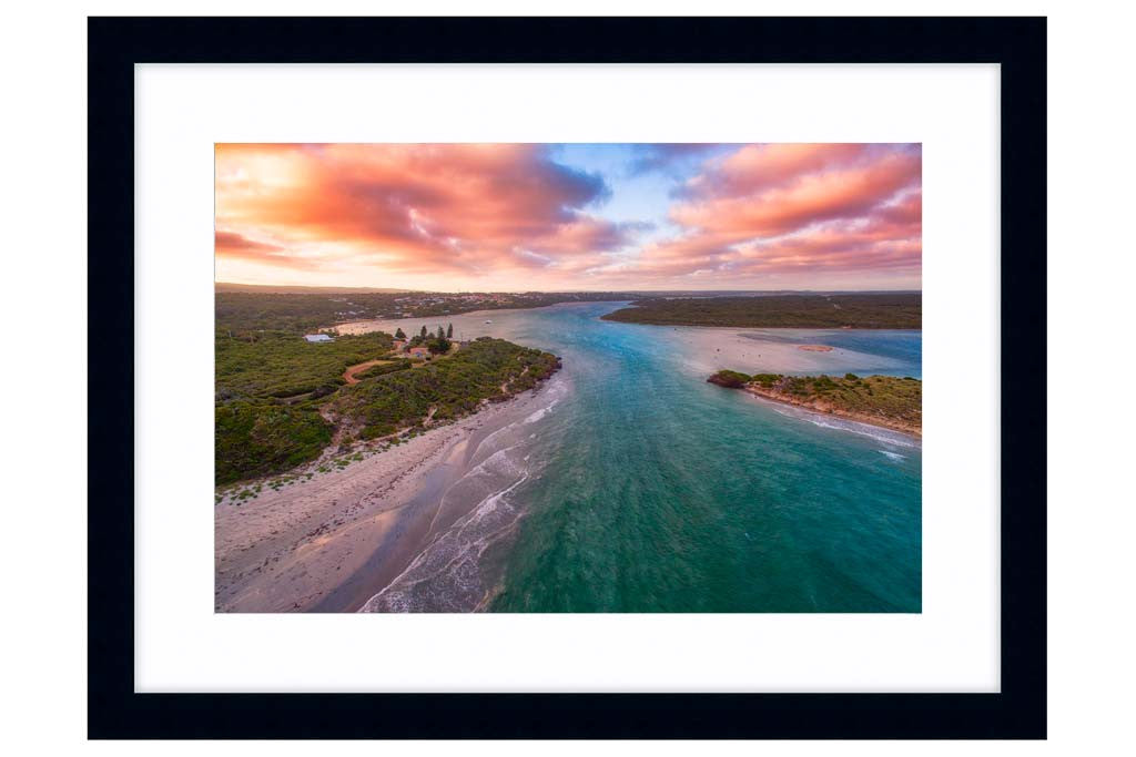 Aerial view of Blackwood River in Augusta, Western Australia framed in black