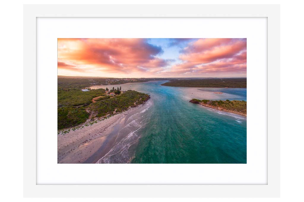 Aerial view of Blackwood River in Augusta, Western Australia framed in white