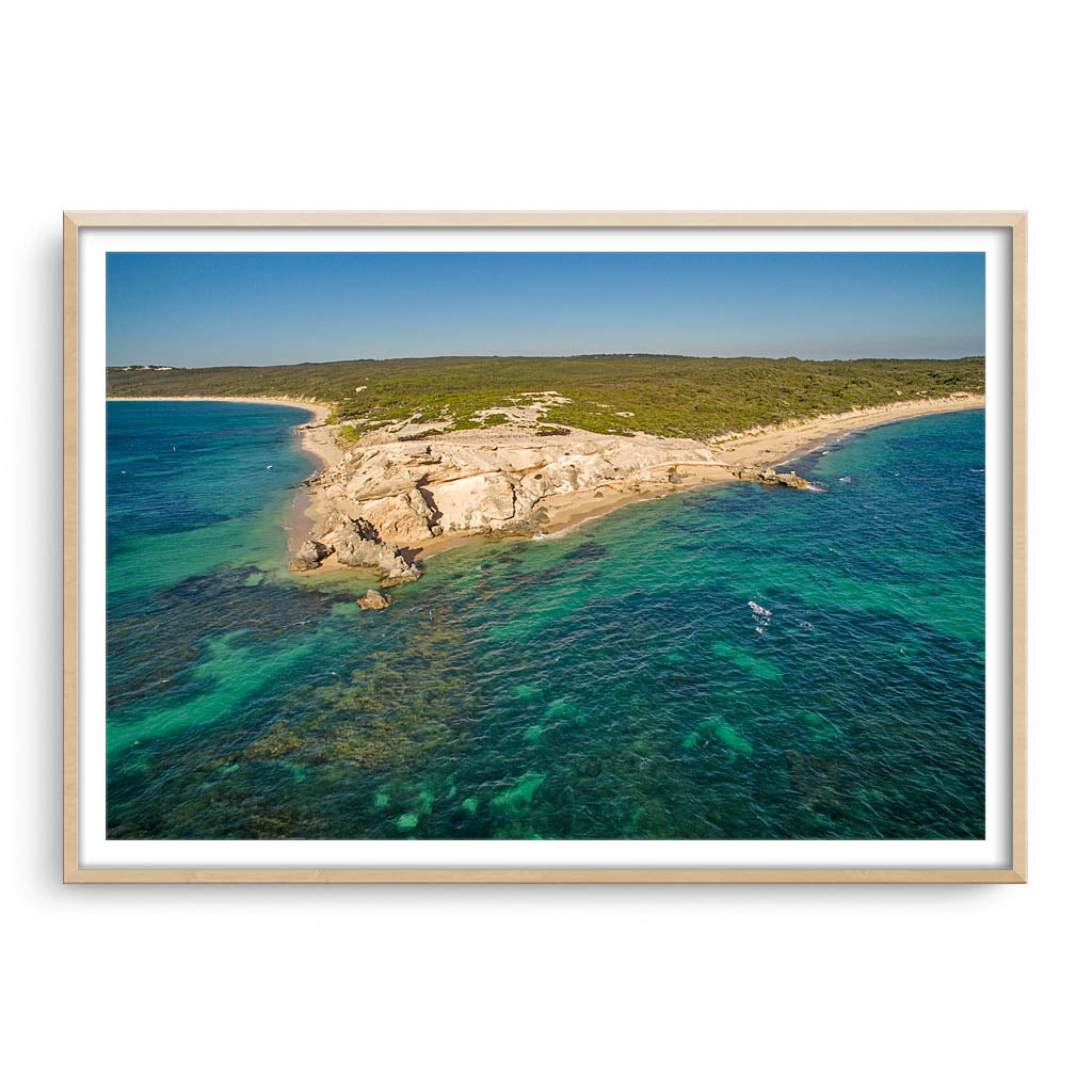Aerial view of Hamelin Bay in Western Australia framed in raw oak