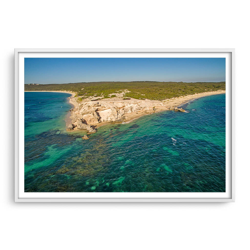 Aerial view of Hamelin Bay in Western Australia framed in white
