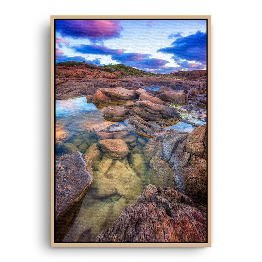 Colourful rock pools at Cape Leeuwin in Western Australia framed canvas in raw oak