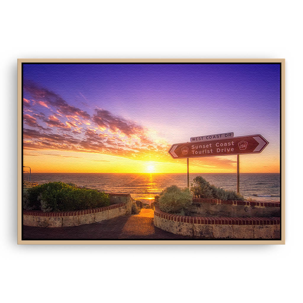 The sunset coast of Perth, Western Australia framed canvas in raw oak