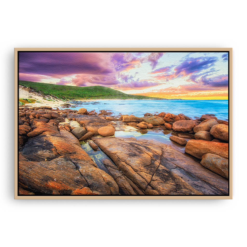 Sunrise over the beaches of Augusta in Western Australia framed canvas in raw oak