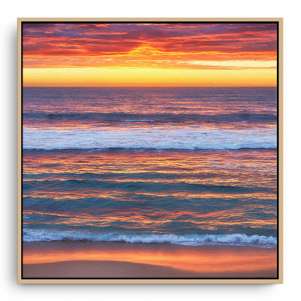 Multi-layered sunset at Mettams Pool in Perth, Western Australia framed canvas in raw oak