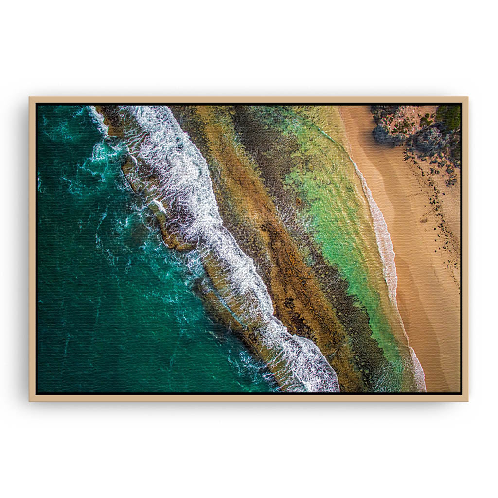 Aerial textures at Yanchep Lagoon, Western Australia framed canvas in raw oak